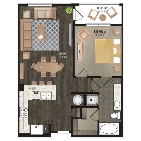 A floor plan of a living space with a balcony, bedroom, and bathroom.